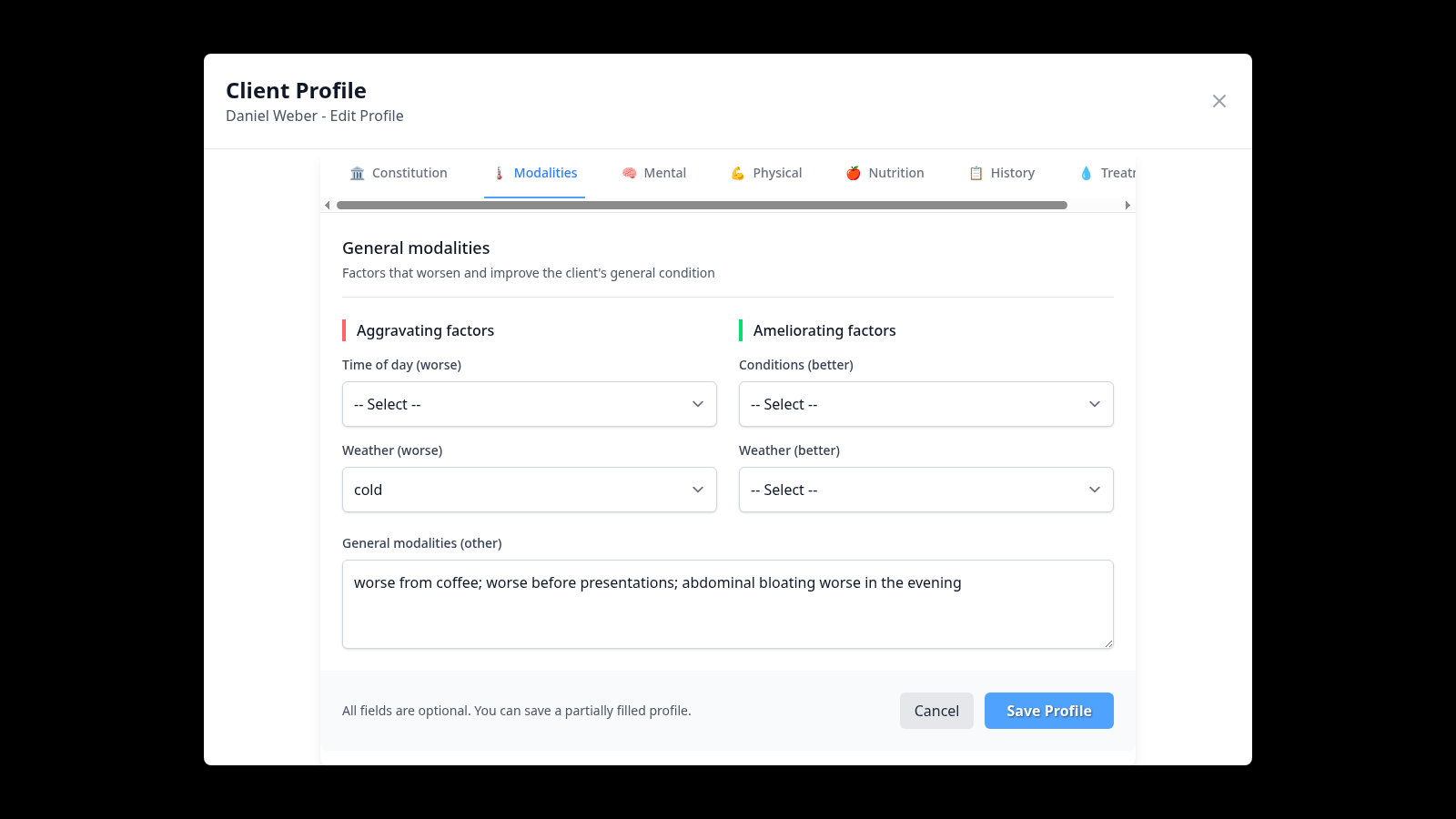 Client profile showing general modalities, thermal tendency, sleep, and related case fields